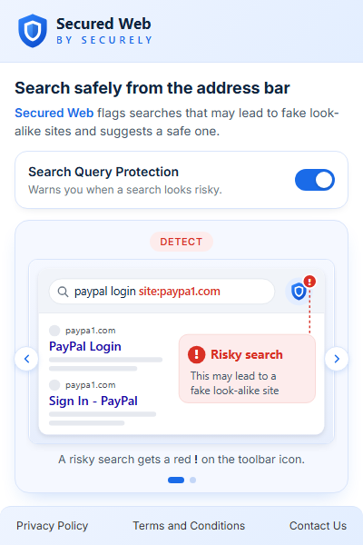 Secured Web By Securely popup with the Search Query Protection switch