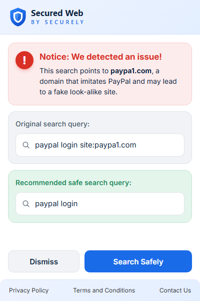 Secured Web By Securely popup explaining a risky search and suggesting a safe one